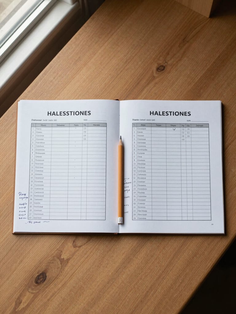 Overhead flat-lay of a wooden desk surface: two similar products placed side by side, a printed comparison checklist between them with handwritten notes in the margins, a pencil resting across the sheet, neutral daylight from a window at frame-left casting soft even shadows