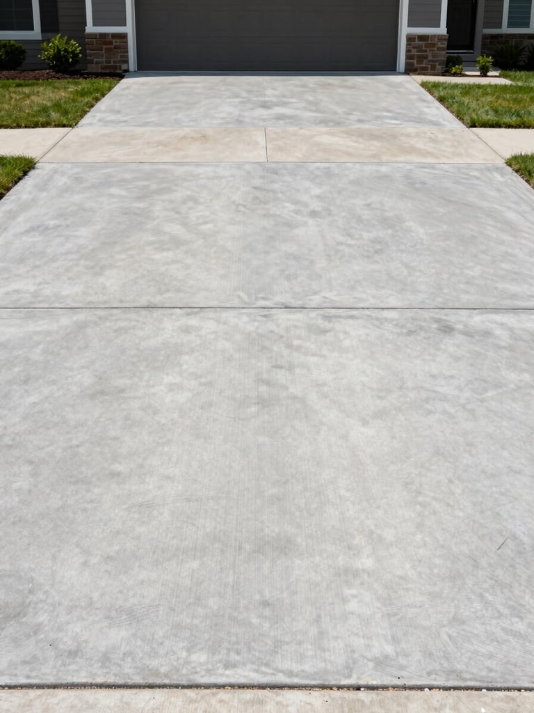 Wide shot of a freshly finished concrete driveway in Louisville, leading to a residential garage, natural midday light revealing a smooth flat surface, sharp clean edges along the sides, no people