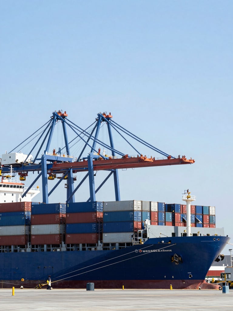 A massive container ship docked at the Port of Valencia, towering port cranes unloading blue and red containers under a bright clear sky, crisp daylight, wide-angle commercial photography.