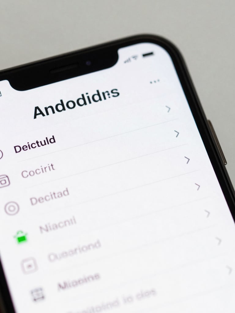 Extreme close-up of an Android app interface on a phone screen, clean list UI with sharp text and minimal controls, bright neutral studio light, tight crop on the display surface, high contrast between UI elements and white background