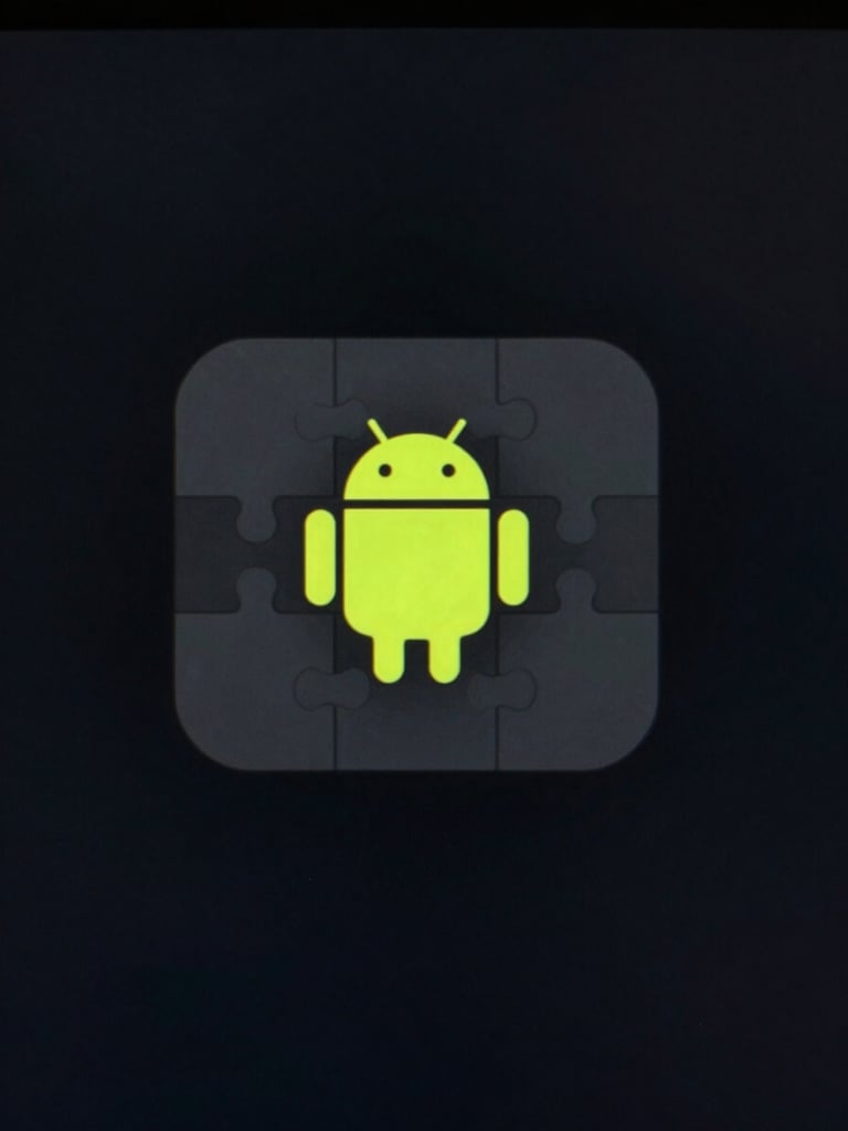Extreme close-up of an Android game interface, minimal geometric puzzle UI on a dark screen, single bright accent element in focus, neutral studio lighting, high contrast between UI and negative space