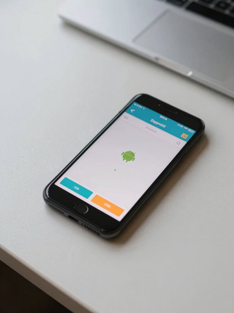 Overhead wide shot of a minimal desk workspace with an Android phone displaying a simple game interface, flat neutral surface, bright daylight from one side, no clutter, tight focus on the screen content