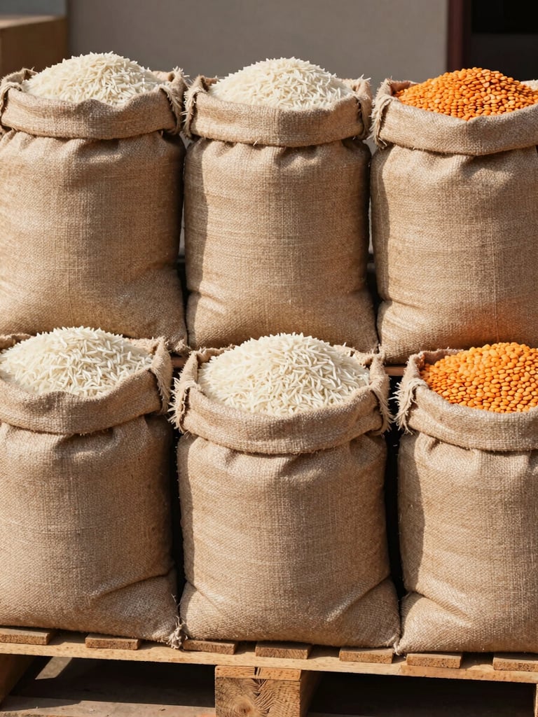 Straight-on medium shot of clean, tightly stacked burlap sacks of basmati rice and lentils on a clean wooden pallet, bright morning light with realistic shadows, honest documentary photography.