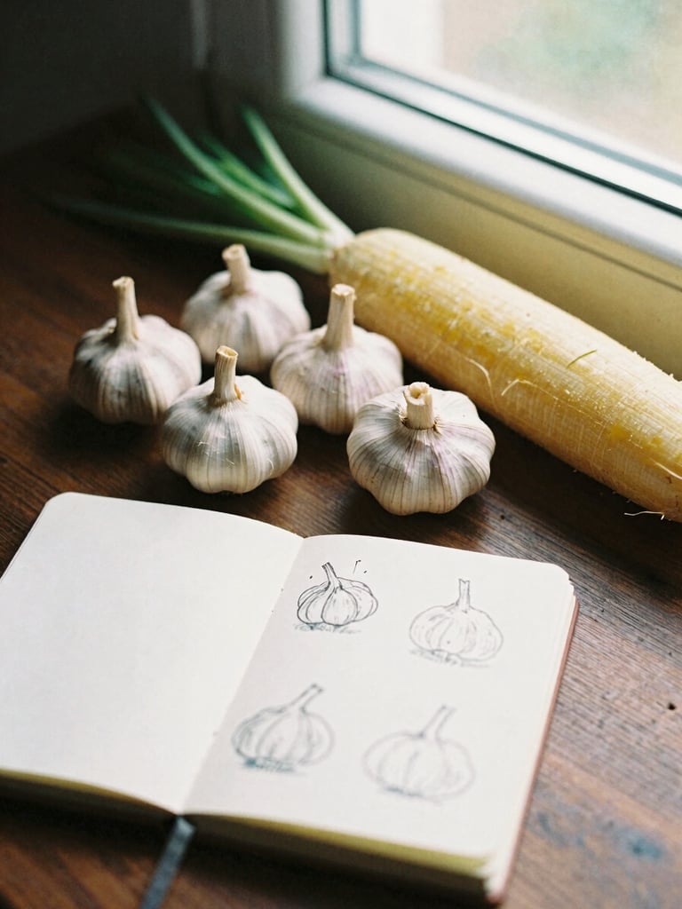 Warm editorial photography of an overhead flatlay of seasonal autumn vegetables, garlic bulbs, and a paper notebook with sketches on a dark wooden table, soft side window lighting, 35mm film aesthetic.