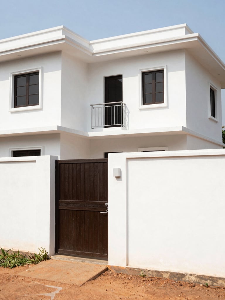 Bright equatorial daylight photo of a secure residential villa exterior in Bangui, clean white walls, gated entrance, laterite soil visible at the edge, realistic architectural details.