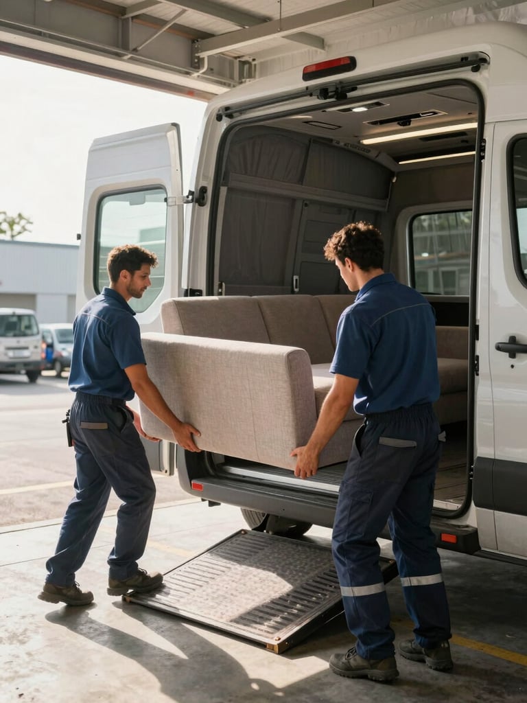 Wide shot from loading dock, two crew members in work clothes carefully carrying a sofa down a ramp into a moving van, morning daylight flooding the scene from the left, concrete floor visible below, van interior partially lit