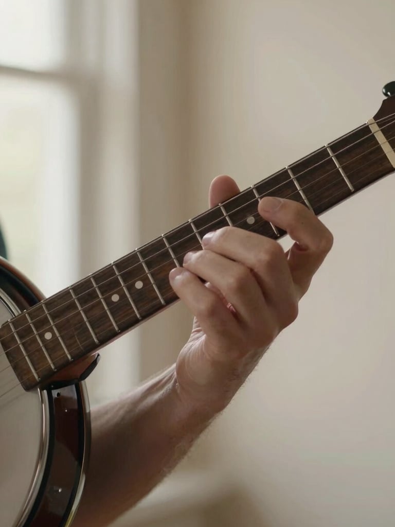 Extreme close-up of a left hand pressing strings against a banjo fretboard, natural north-facing window light from the left, wood grain of the neck visible, fingers mid-phrase, cream wall blurred in background