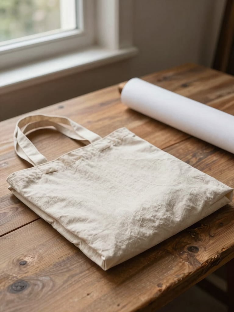 Close environmental shot of a folded linen tote and a rolled canvas poster on a worn wooden workbench, natural north-facing window light, walnut grain visible in the table surface, no people, warm cream and earth tones