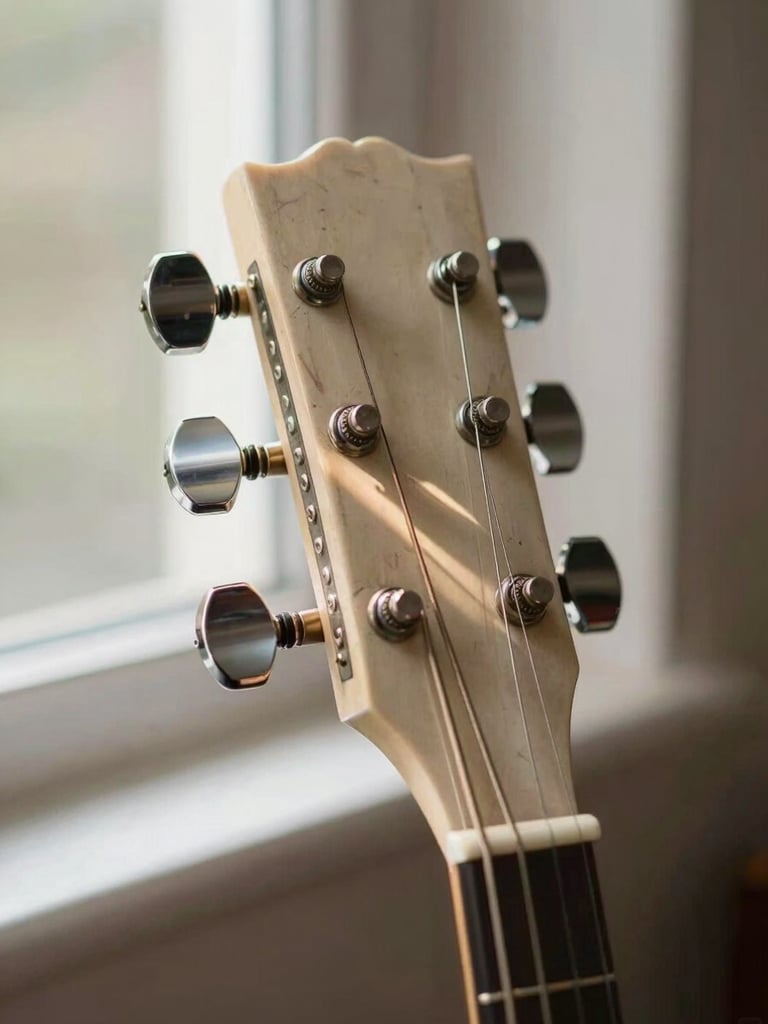 Extreme close-up of a banjo head and tuning pegs, natural north-facing window light raking across the aged drum skin and nickel hardware, shallow depth of field, warm cream tones