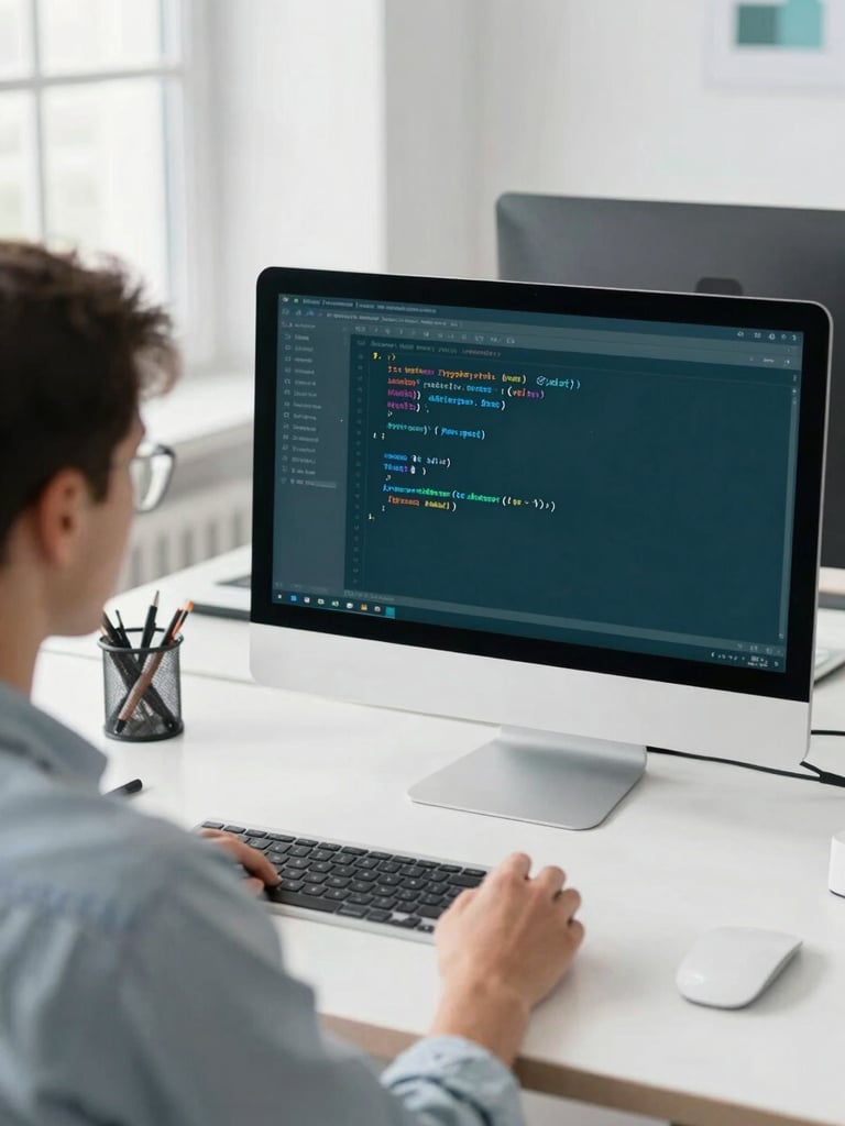 Over-the-shoulder shot of a developer writing clean Python code for an Odoo module, Odoo dashboard visible on a modern monitor, bright daylight, professional workspace.