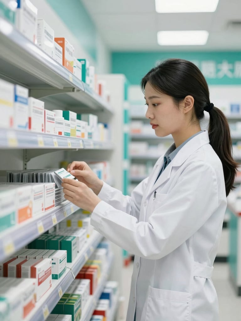 Medium shot of a professional pharmacist in a clean white coat carefully organizing genuine medicine packages on a shelf, bright indoor retail lighting, teal accents, 35mm