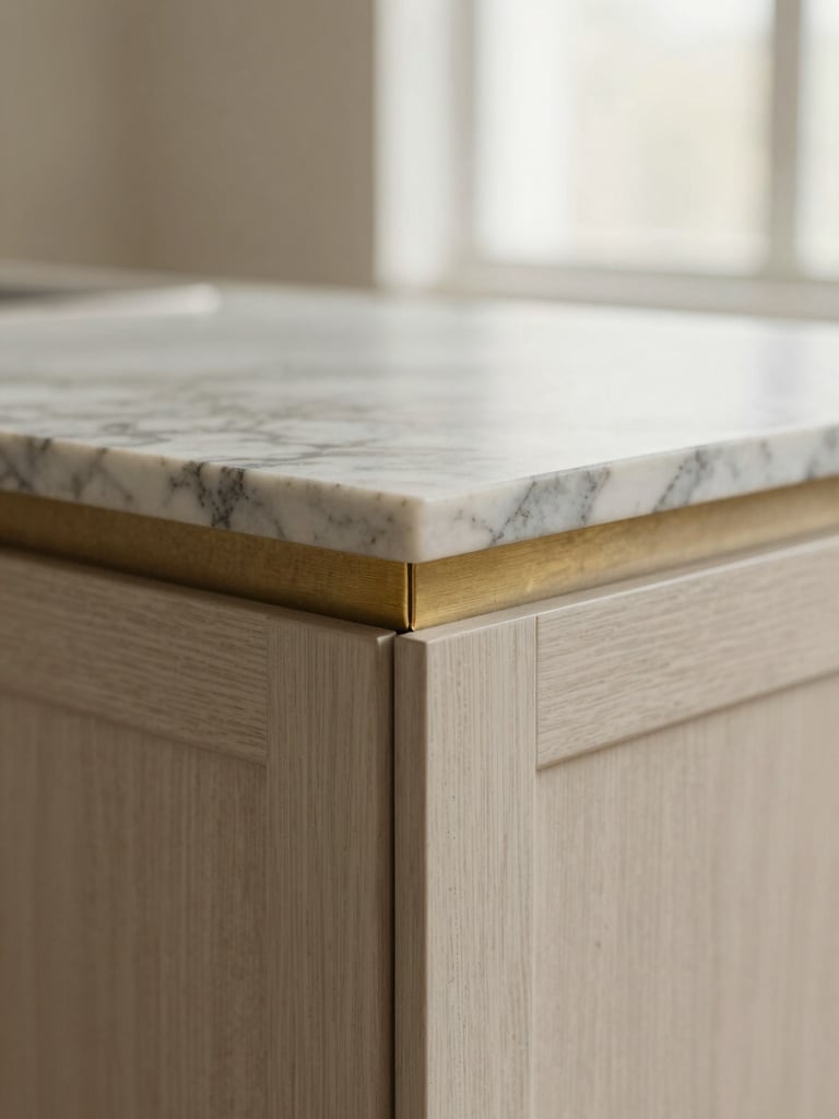 Macro photograph of a perfectly mitred marble countertop corner meeting a custom white oak cabinet with a brushed brass inlay, soft focus, warm lighting