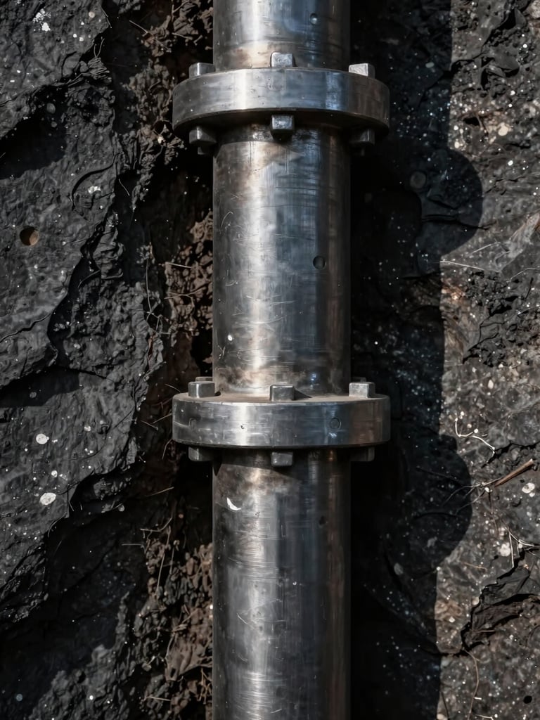 Extreme close-up of a high-capacity steel micropile joint anchored into exposed dark bedrock, high-contrast shadows, industrial precision.