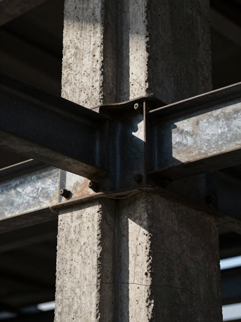 Extreme close-up of raw textured concrete and heavy steel structural joints, low-key dramatic natural light, high-contrast shadows