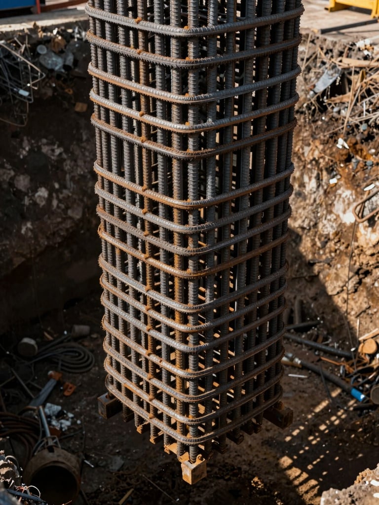 Extreme close-up of a massive steel rebar cage being lowered into a deep excavation pit, low-key dramatic natural light, high-contrast shadows emphasizing the raw industrial texture.
