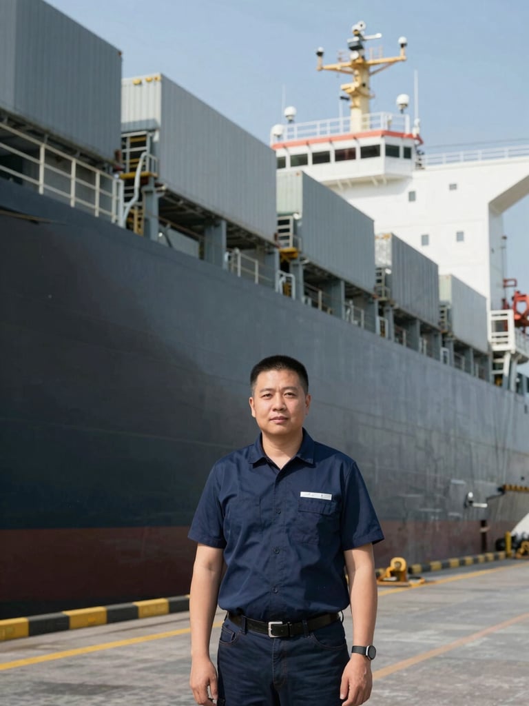 Professional portrait of a maritime logistics manager standing near a docked cargo ship, clear industrial lighting, deep steel grays, 35mm.