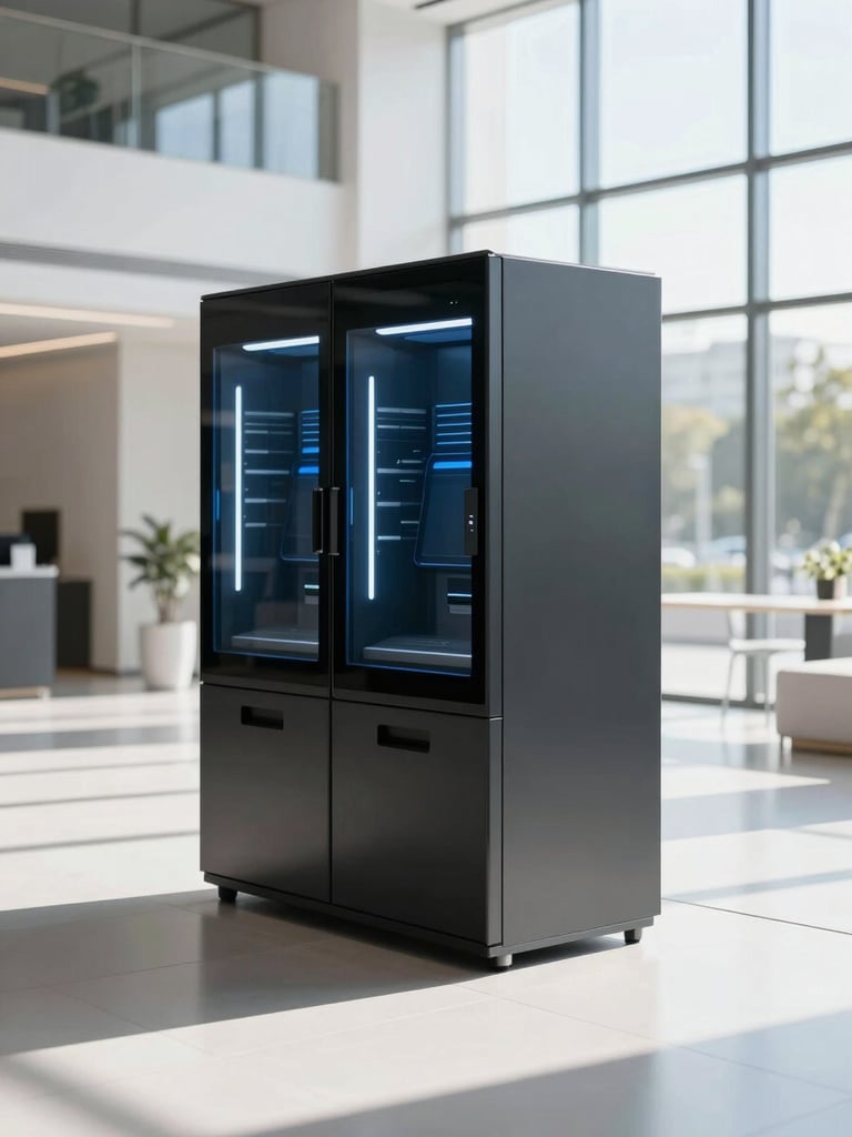 Sleek black-glass automated retail machine integrated into a sunlit modern corporate lobby, premium architectural photography, bright natural daylight, 35mm