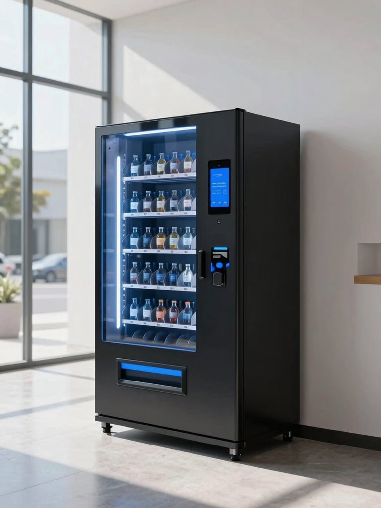 Sleek black-glass smart vending machine integrated into a sunlit modern corporate lobby, clean architectural daylight, cool blue accents, high-end commercial aesthetic, 35mm