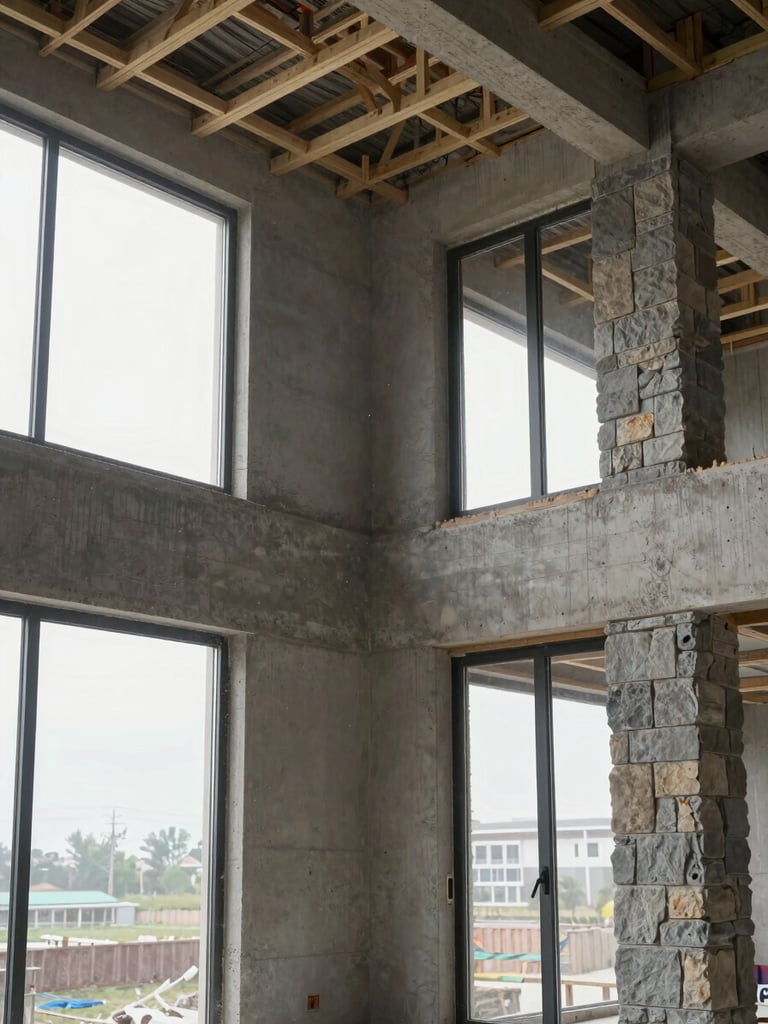 Wide environmental interior of a high-end residential construction site mid-execution, structural framing visible overhead, raw concrete walls transitioning to finished stone cladding on the right, overcast north-facing light flooding through tall window openings, no people, dust particles faintly visible in the air, sharp documentary framing