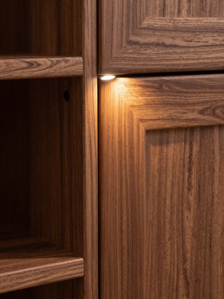 Close-up of a built-in walnut cabinet corner joint, hand-cut dovetail visible, warm tungsten light from a single recessed source raking across the wood grain to reveal texture, photographed tight at cabinet height