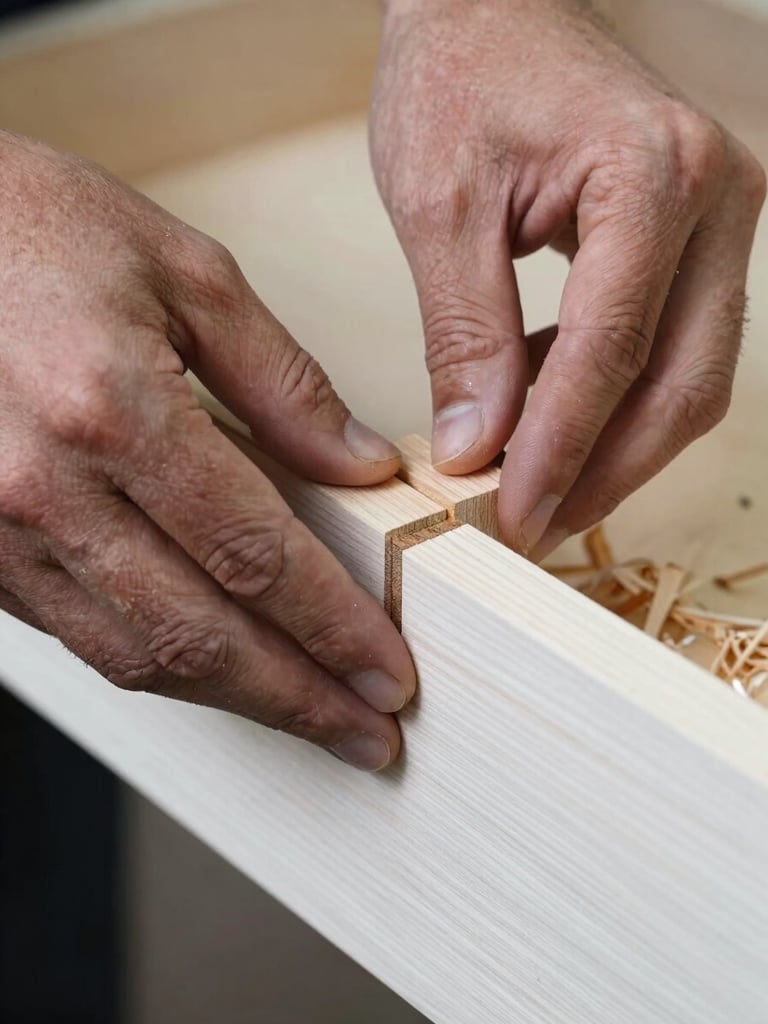 Extreme close-up of a craftsman's hands pressing a hand-cut dovetail joint into a white oak drawer face, sharp north-facing natural light, fine wood shavings on the surface, no faces, documentary framing