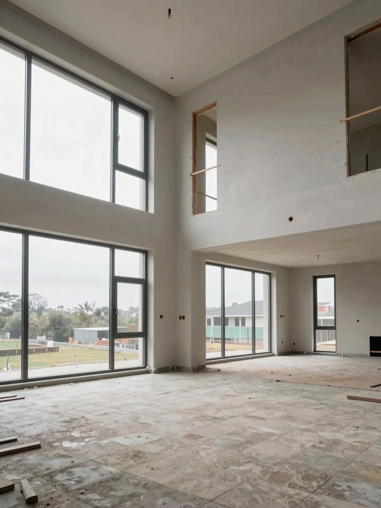 Wide environmental interior shot of a high-ceiling residential space mid-construction — raw framing exposed on one wall, finished stone flooring being laid in the foreground, overcast north-facing light flooding through floor-to-ceiling window openings, no people, sharp documentary framing
