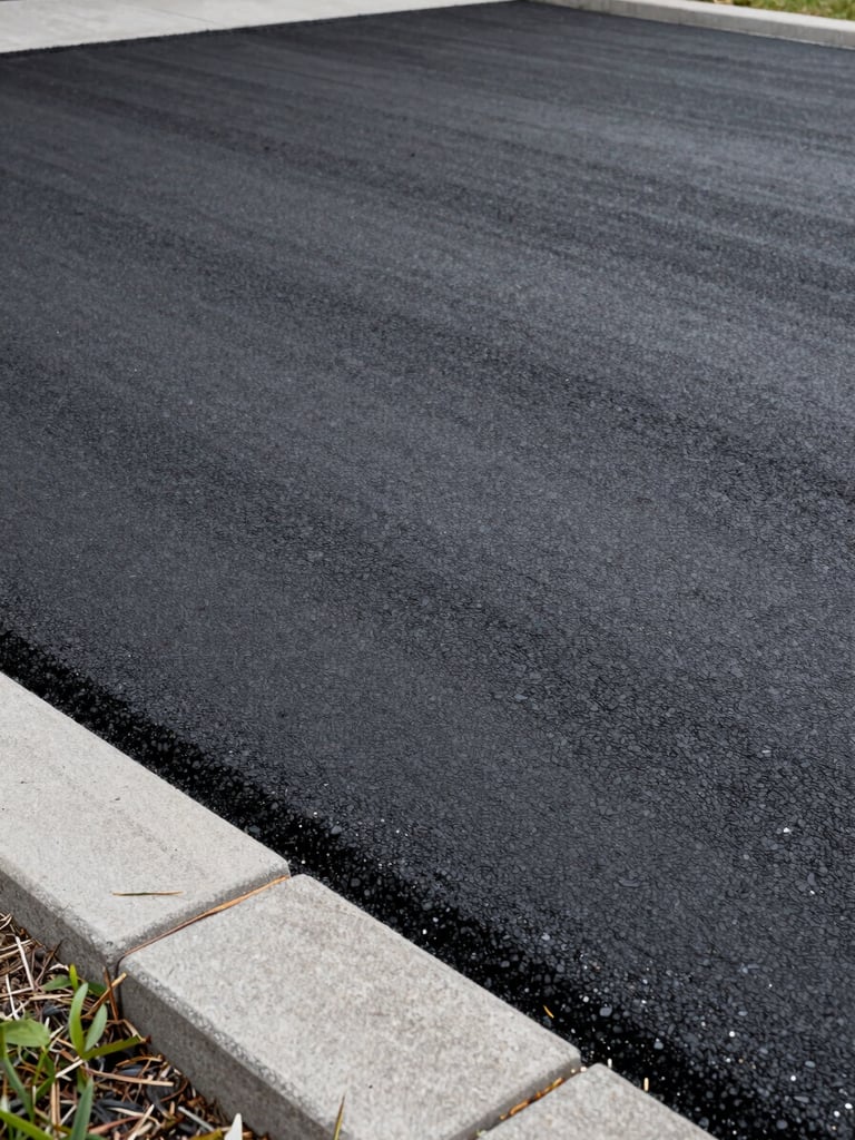 Close-up of freshly laid high-density asphalt driveway surface, Montreal residential property, overcast daylight, fine aggregate texture visible, crisp clean edge against concrete curb, no people