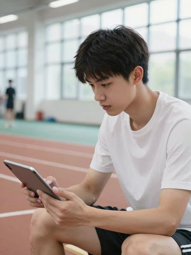 A student athlete reviewing performance data on a tablet after a track practice, bright light, modern athletic facility in the background, focused on the tablet screen and the student's engaged expression.