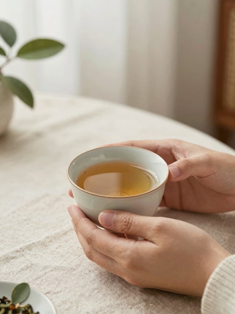 Close-up of hands holding a warm ceramic cup of herbal tea, soft morning light, linen tablecloth, elegant botanical details, muted old rose and sage green atmosphere.