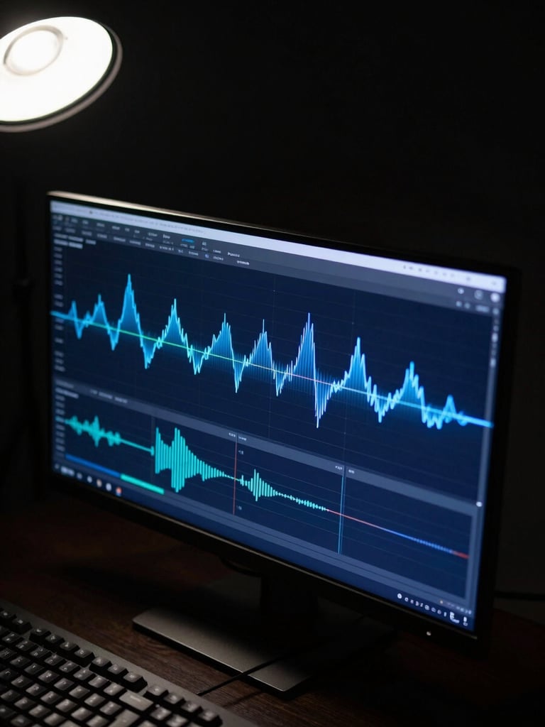 Full-bleed cinematic wide shot, overhead angle looking down at a dark monitor displaying color-graded motion graphics — electric blue waveforms and cyan data streams on deep navy canvas, a single keyboard edge visible at bottom-left, hard studio strobe light raking from upper-left casting sharp contrast, deep blacks dominating three-quarters of the frame, controlled highlight on the screen surface only