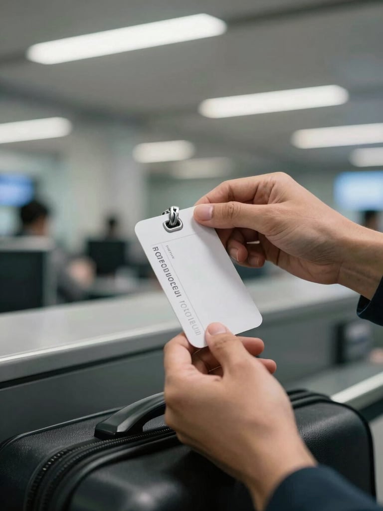 Close-up of a pair of hands gripping a luggage tag at an airport check-in counter, cool fluorescent overhead light casting sharp shadows, a boarding pass visible between the fingers, blurred baggage belt in the background