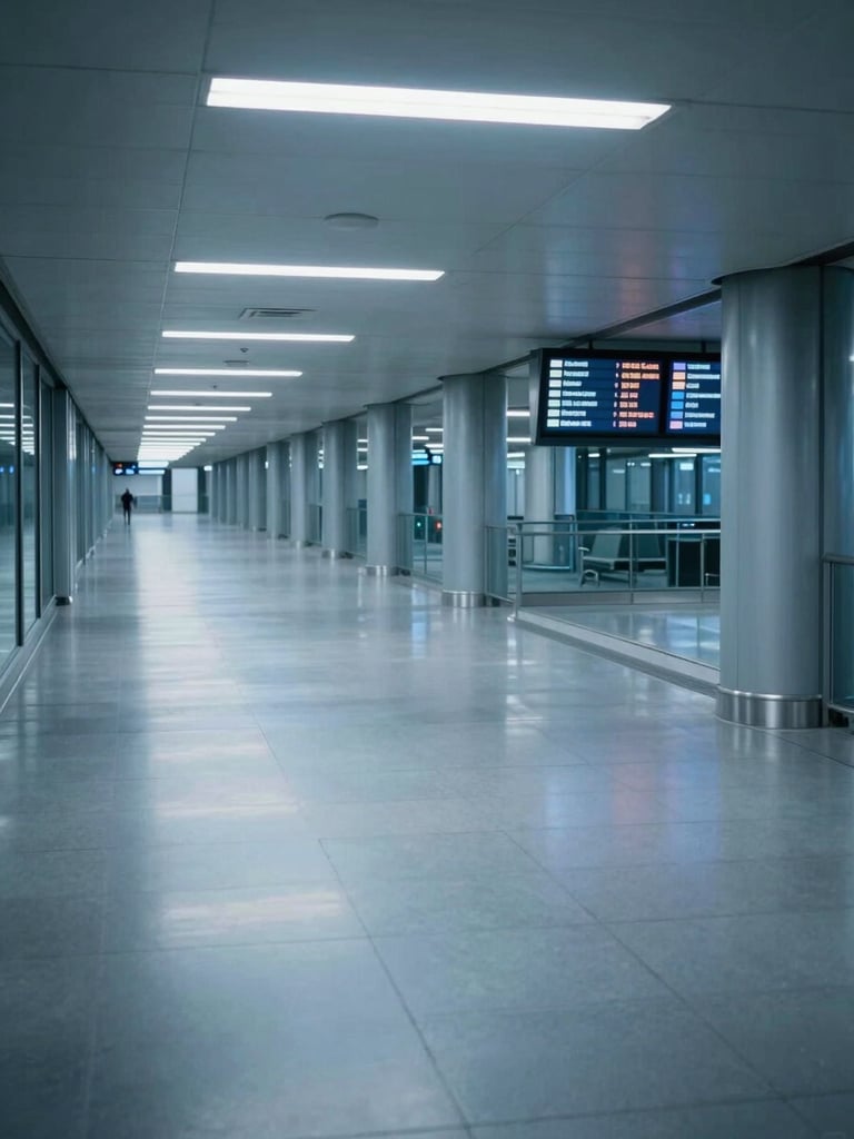 Wide panoramic view down an empty airport terminal corridor at 3am, fluorescent overhead lights casting cool blue-white pools on polished floors, a lone departure board glowing in the distance to the right, deep perspective lines vanishing left, no people in frame