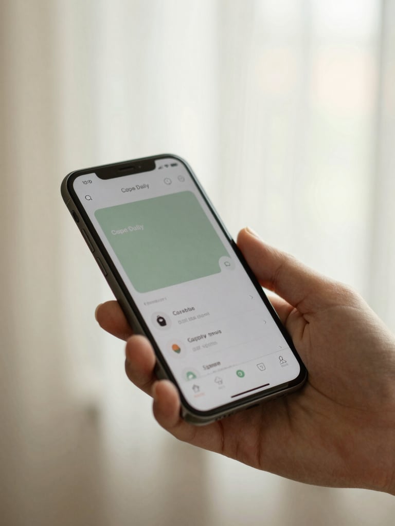 Close-up of a hand gently holding a smartphone displaying the Cope Daily app interface, soft diffused window light, muted sage and warm beige tones, shallow depth of field, focus on the app screen