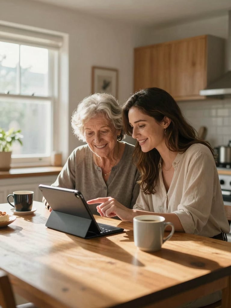 Wide environmental shot of a warm kitchen table, afternoon light streaming through a window — an older woman in her 70s and her adult daughter seated close together, the daughter pointing gently at a tablet screen, both smiling, mugs of coffee nearby, natural documentary framing