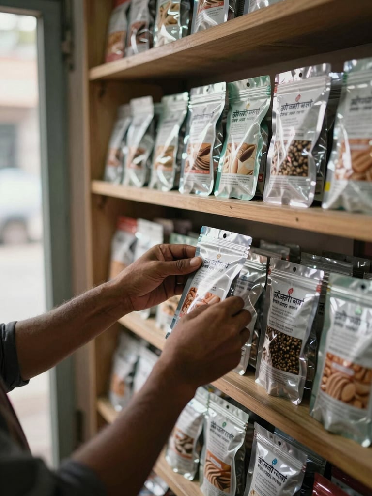 Close overhead shot of a shopkeeper's hands arranging product packets on a wooden shelf, natural daylight from a nearby window, realistic retail fluorescent overhead, products clearly labeled in Hindi and English, business-documentation framing with no styling