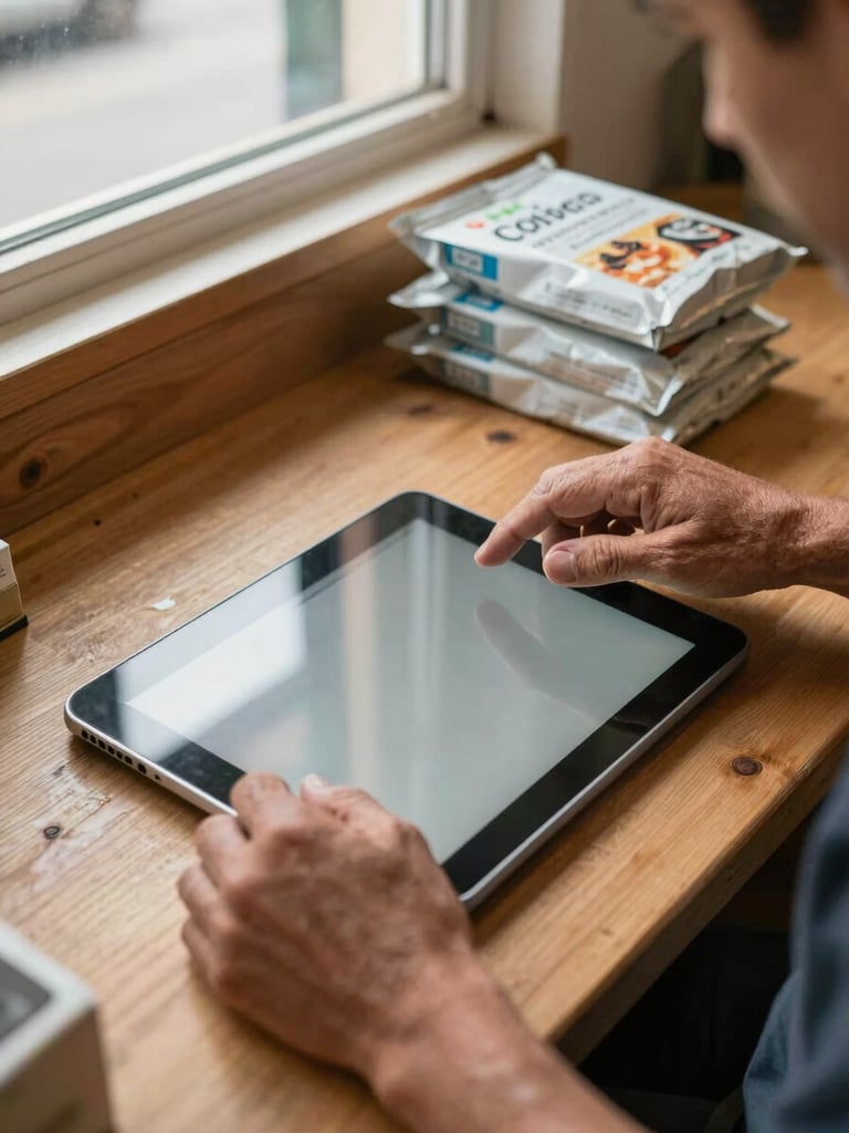 Close overhead framing of a shopkeeper's weathered hands operating a tablet on a wooden shop counter, natural morning window light falling across the screen and a few packaged products stacked beside it, realistic retail setting, no faces visible