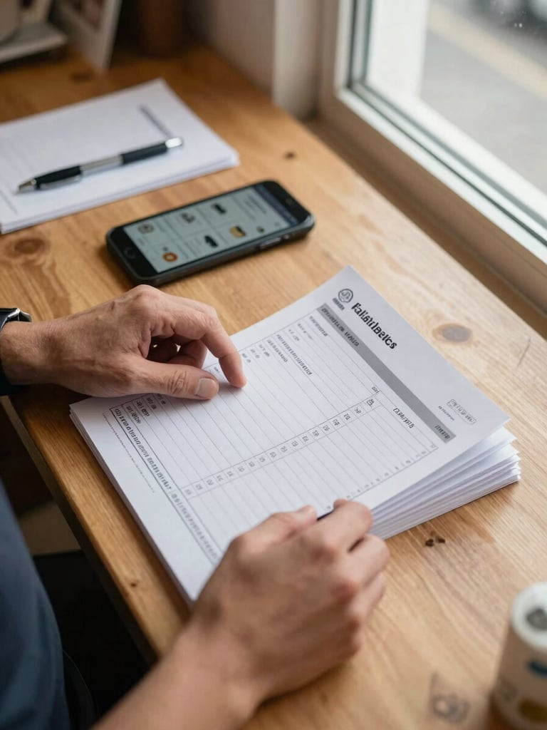 Overhead close-up of a shopkeeper's hands sorting through a printed inventory ledger on a wooden counter, a mobile phone resting beside it displaying a product listing screen, natural morning window light from the right, realistic shop counter surface with pen and paper visible, no faces, documentary framing not staged