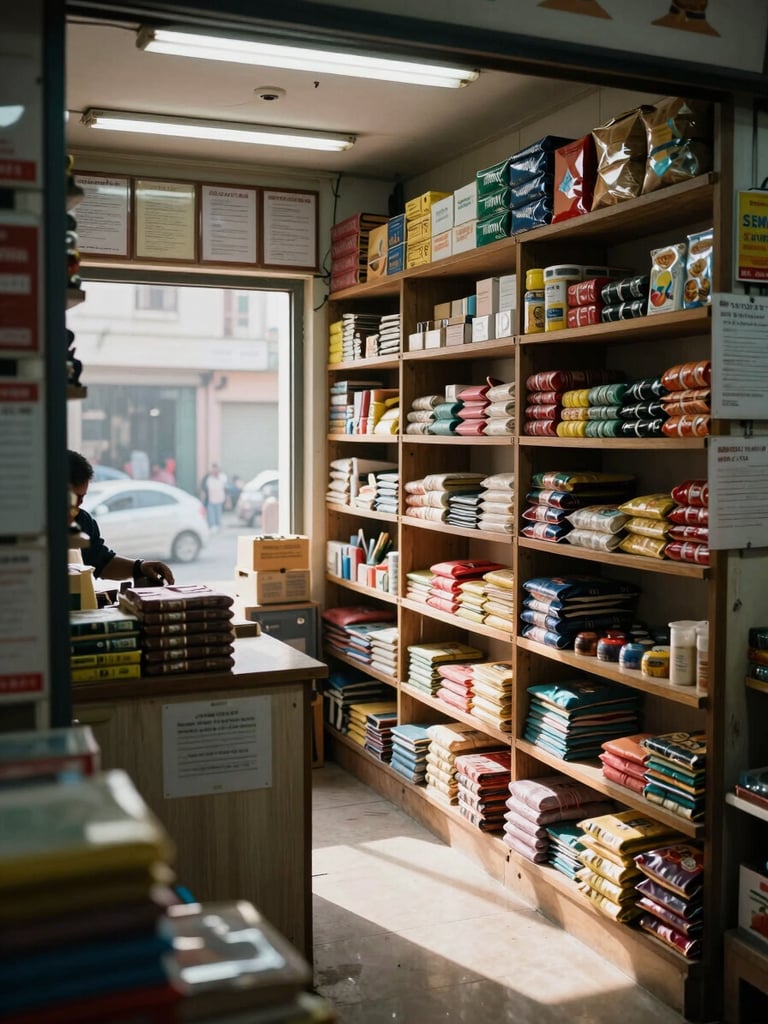 Wide shot of a kirana shop interior at opening time — wooden shelves stacked with packaged goods, morning window light cutting across the counter, a shopkeeper's hand adjusting a row of products, no faces visible, natural fluorescent overhead mixing with daylight, business-documentation framing