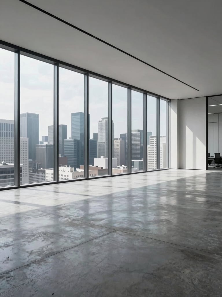 Wide architectural interior of a minimalist premium office — polished concrete floors, floor-to-ceiling glazing overlooking a city skyline, cool overhead daylight, no people, clean structural lines