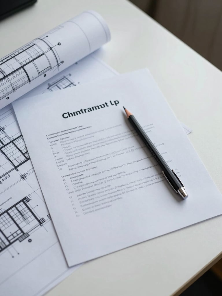 Flat-lay overhead of architectural blueprints and a contract document on a white desk, a precise mechanical pencil resting on the paper, cool diffuse office light, no people visible