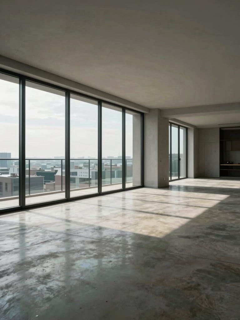 Wide architectural interior of a premium Asunción apartment — floor-to-ceiling windows, polished concrete floors, empty room, cool natural daylight from the left, minimal furnishing, sharp structural lines