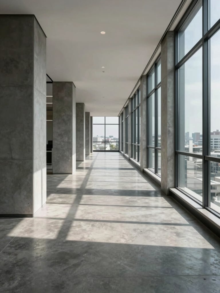 Interior corridor of a premium Asunción office building, cool natural light from floor-to-ceiling windows casting clean geometric shadows on polished concrete floors, empty hallway receding into depth, architectural precision, no people