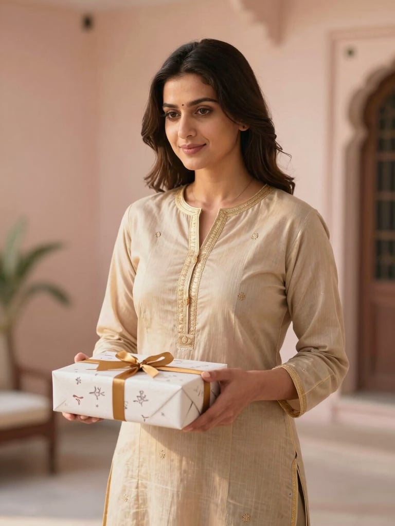 An elegant woman in a beige and gold kurti holding a beautifully wrapped signature gift box, soft natural lighting, heritage home background