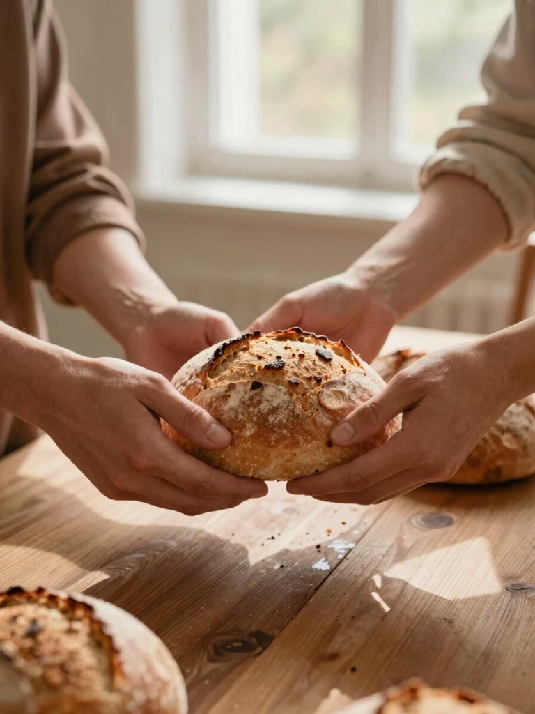Warm editorial photography, close-up of hands sharing fresh bread around a wooden dining table, natural sunlight, earthy terracotta tones.