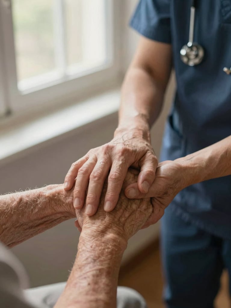 Close-up of a professional caregiver's hands gently holding a resident's hands, warm natural window light, soft focus, conveying deep respect and human connection.