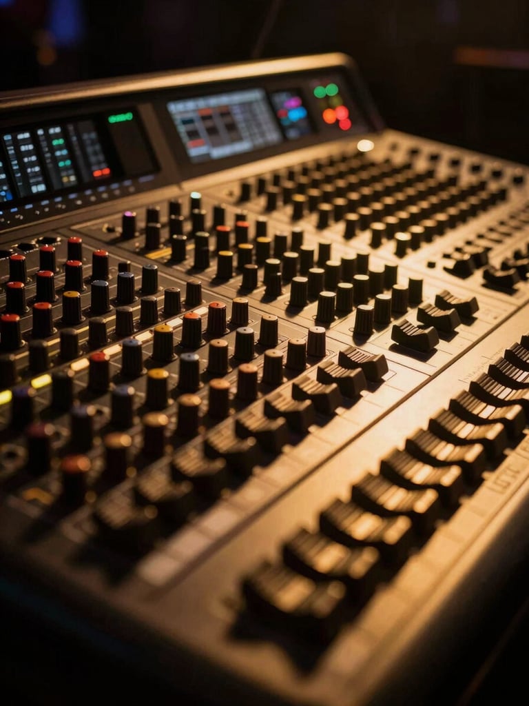 Close-up of a professional sound console under warm golden stage lighting, deep shadows, high-contrast luxury aesthetic.
