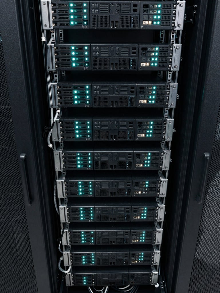 Close overhead view of dense server rack cabling in a colocation facility, cyan-tinted indicator lights punctuating rows of black hardware, sharp technical detail, no people