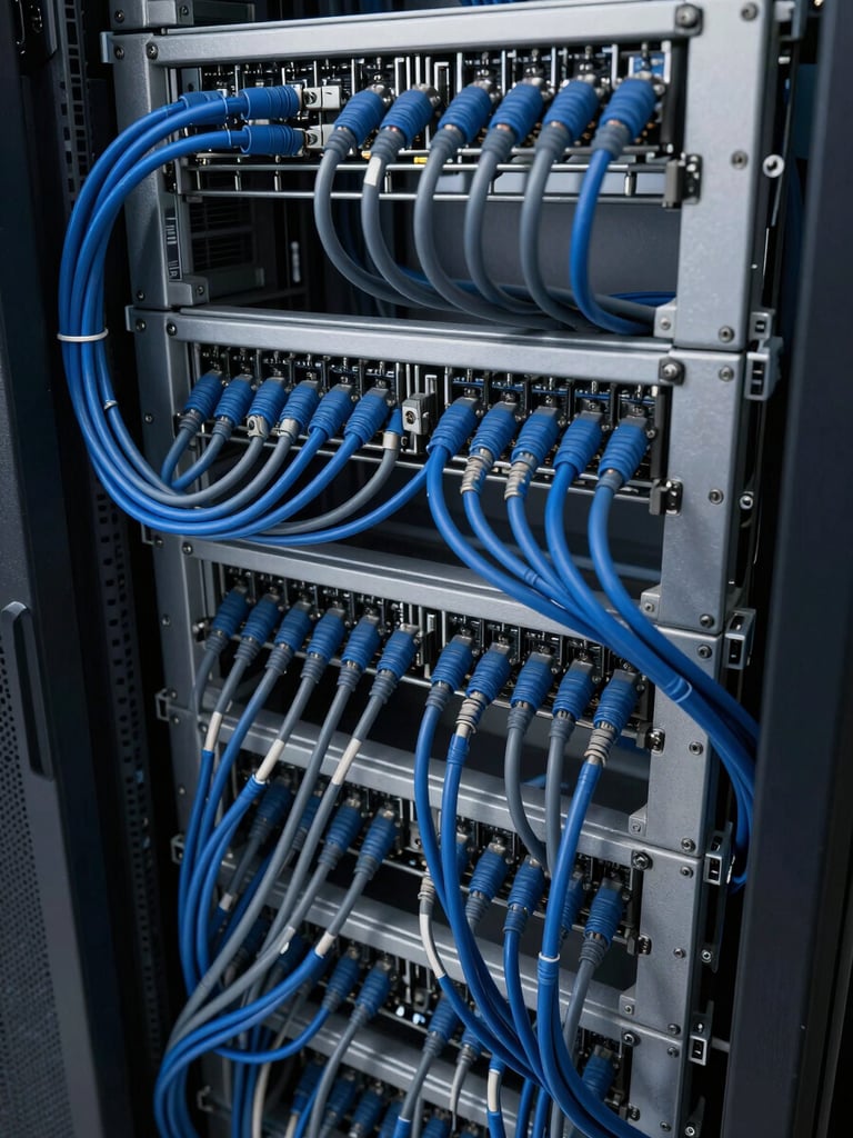 Extreme close-up overhead view of dense server rack cabling and patch panels inside a data center, high-contrast studio lighting, tightly organised cables in deep blue and grey tones, sharp technical detail, no people