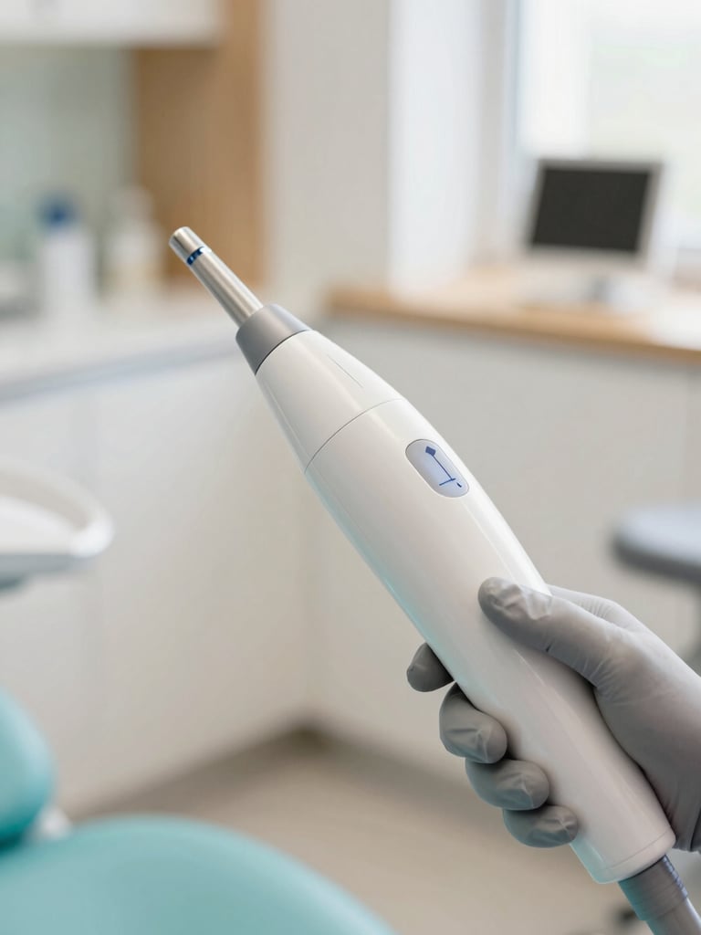 Close-up of a high-tech dental whitening laser device in a clean, brightly lit modern clinic with soft teal and natural wood details, shallow depth of field.
