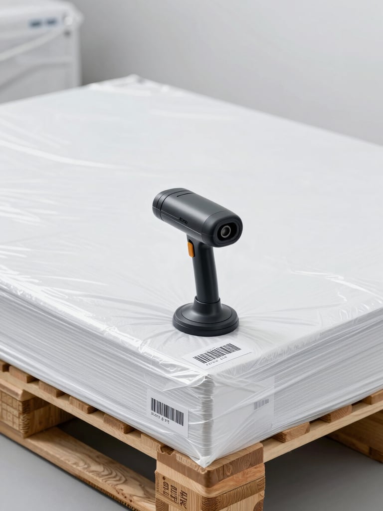 Close-up of sealed cargo pallets with barcode scanners in a modern warehouse, clean corporate photography, bright neutral studio light, slate and white tones, sharp focus, 35mm
